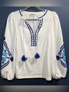 Boden Nia Embroidered White Boho Blouse with Tassels